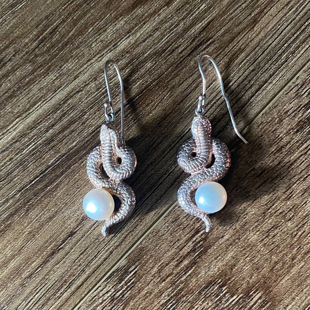 Sterling Silver Snake Dangle Earrings Faux? Pearl Cobra Egyptian Revival whimsy